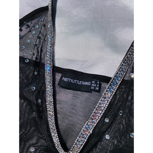 Pretty Little Things Black Diamanté Trim Sheer Mesh Bodysuit - Picture 4 of 4